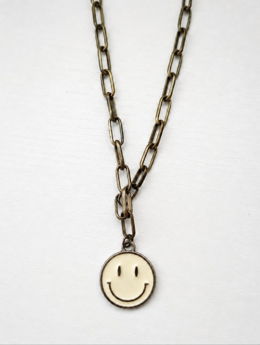 Smiley Face Pendant Necklace in Cream and Antique Gold